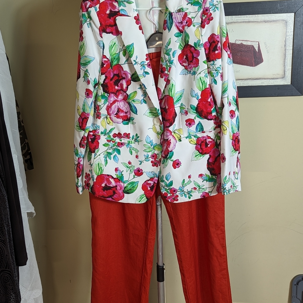 Susan Graver reds & white 1 button blazer sz L & linen like elastic waist pants - Picture 2 of 12